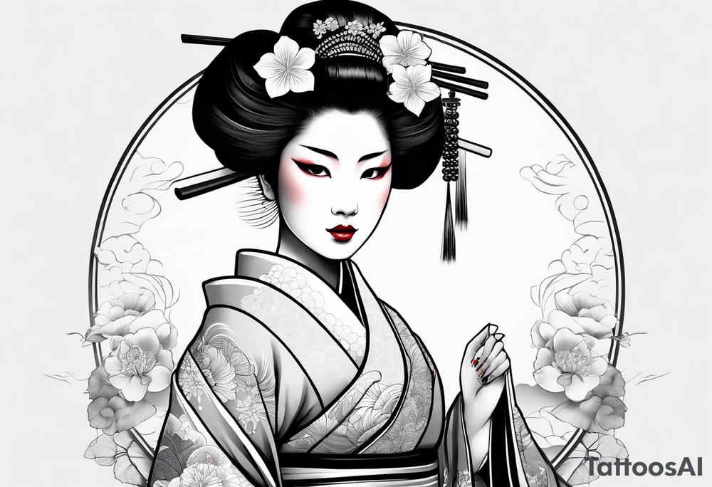 Geisha with a dress and a fan, traditional japanese, tattoo idea