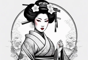 Geisha with a dress and a fan, traditional japanese, tattoo idea