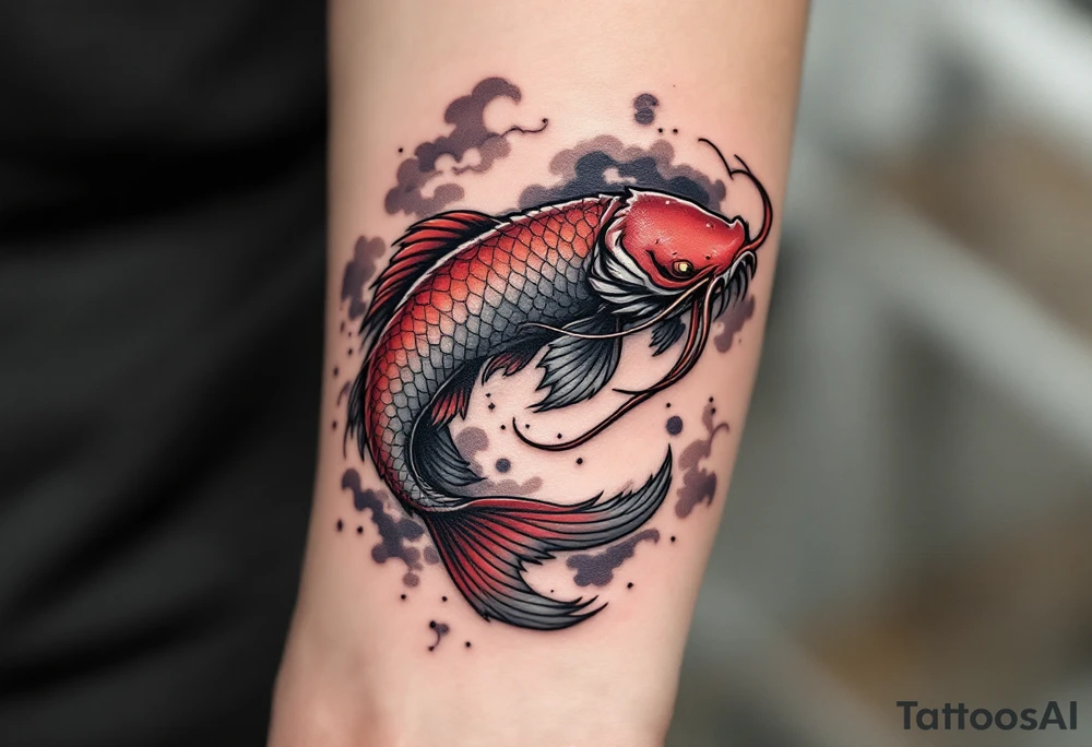 A fantasy hybrid catfish with long whiskers resembling tendrils, crimson and smoky gray scales,swirling through stylized clouds and mist. tattoo idea