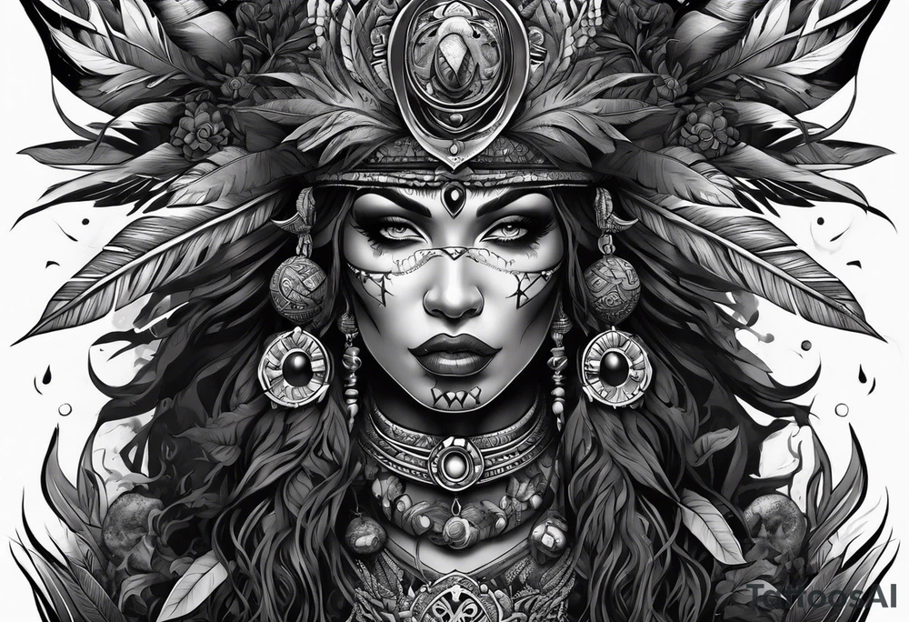 witch doctor, finely detailed, full bodied, dark fantasy style tattoo idea