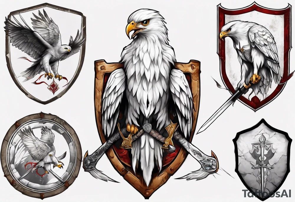 A white hawk with a sword and shield tattoo idea