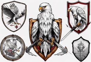 A white hawk with a sword and shield tattoo idea