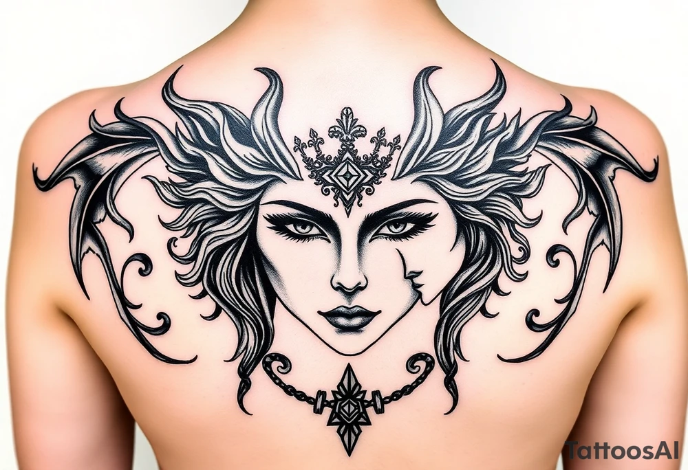 Half hades face and half persephone face middle pf the chest going all the way to both shoulders with background related tattoo idea