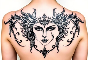 Half hades face and half persephone face middle pf the chest going all the way to both shoulders with background related tattoo idea