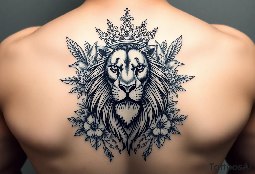 powerful majestic lion with a crown, surrounded by floral ornaments and birds tattoo idea