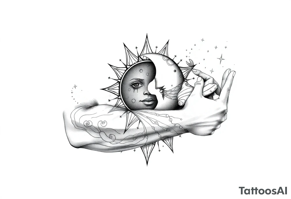 celestial sun and moon embrace with constellation patterns tattoo idea
