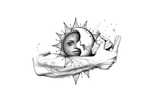 celestial sun and moon embrace with constellation patterns tattoo idea