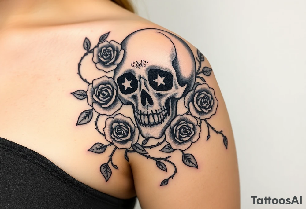 gothic skull intertwined with climbing roses and thorny vines tattoo idea