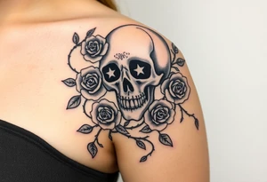 gothic skull intertwined with climbing roses and thorny vines tattoo idea