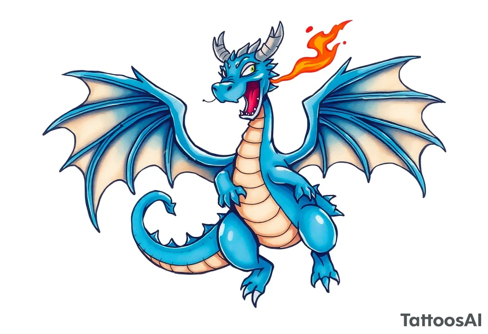 Blue fire breathing dragon with wings spread tattoo idea