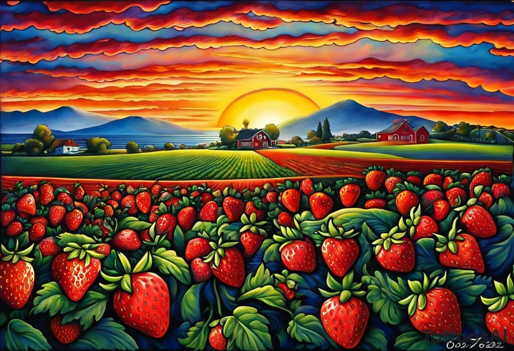 Tattoo of my hometown of Oxnard, CA
Tattoo must have strawberry fields meeting with ocean
Tattoo must have Oxnard coordinates
34.2236192,-119.1310264
Add in the sun on top of the fields/ocean
No barn house, add a Gondola style plaza 
Only in black and white tattoo idea