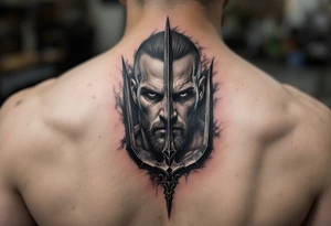 close-up muscular man behind a trident tattoo idea