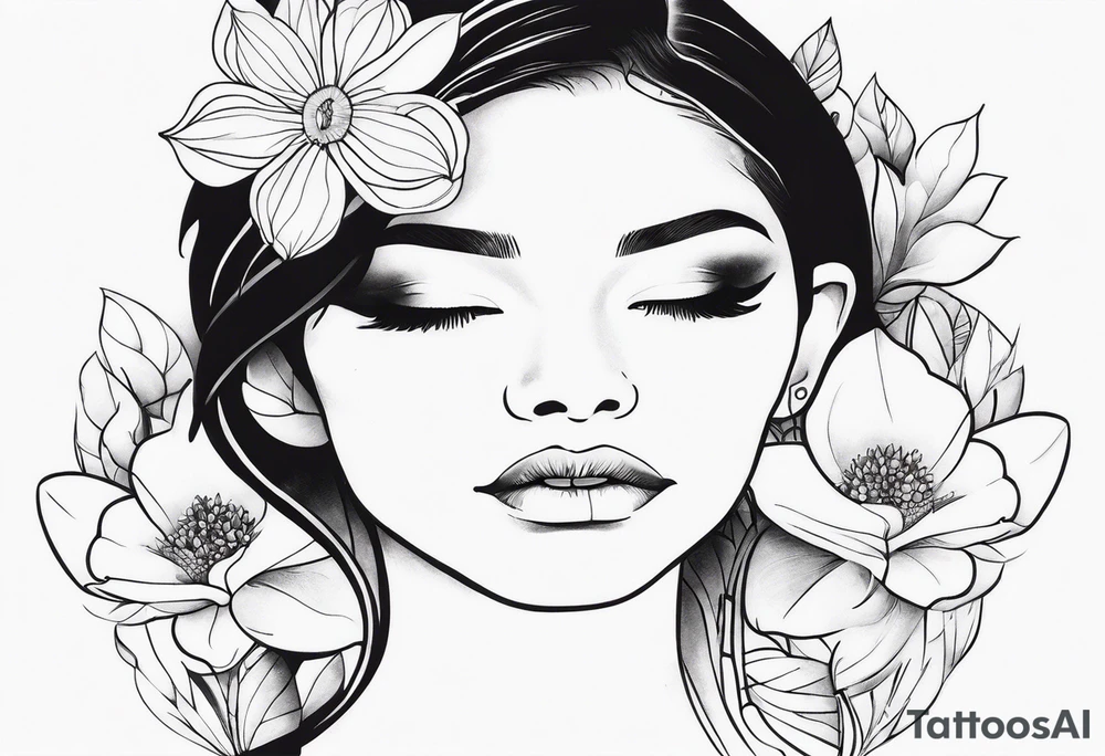 flowers aeound womans face detailed tattoo idea