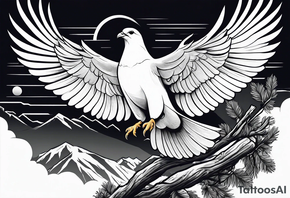 White Dove sitting on a branch at the top of the mountain with an eagle soaring overhead tattoo idea
