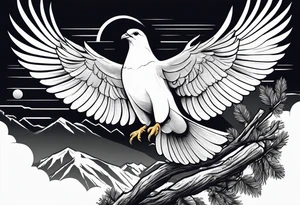 White Dove sitting on a branch at the top of the mountain with an eagle soaring overhead tattoo idea