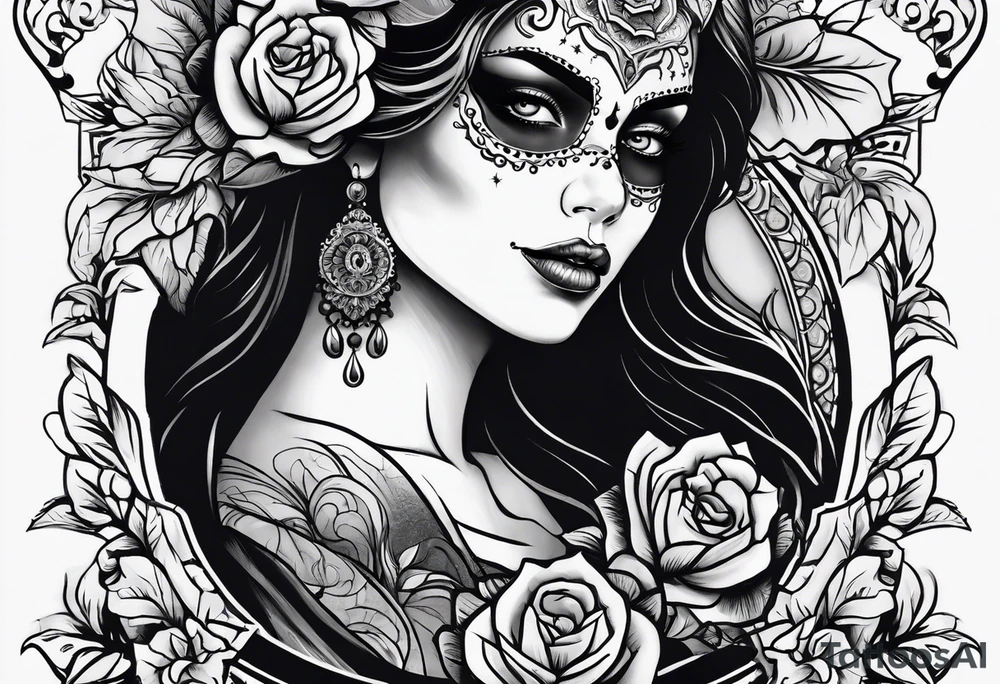 ghost, woman's face, day of the dead tattoo idea