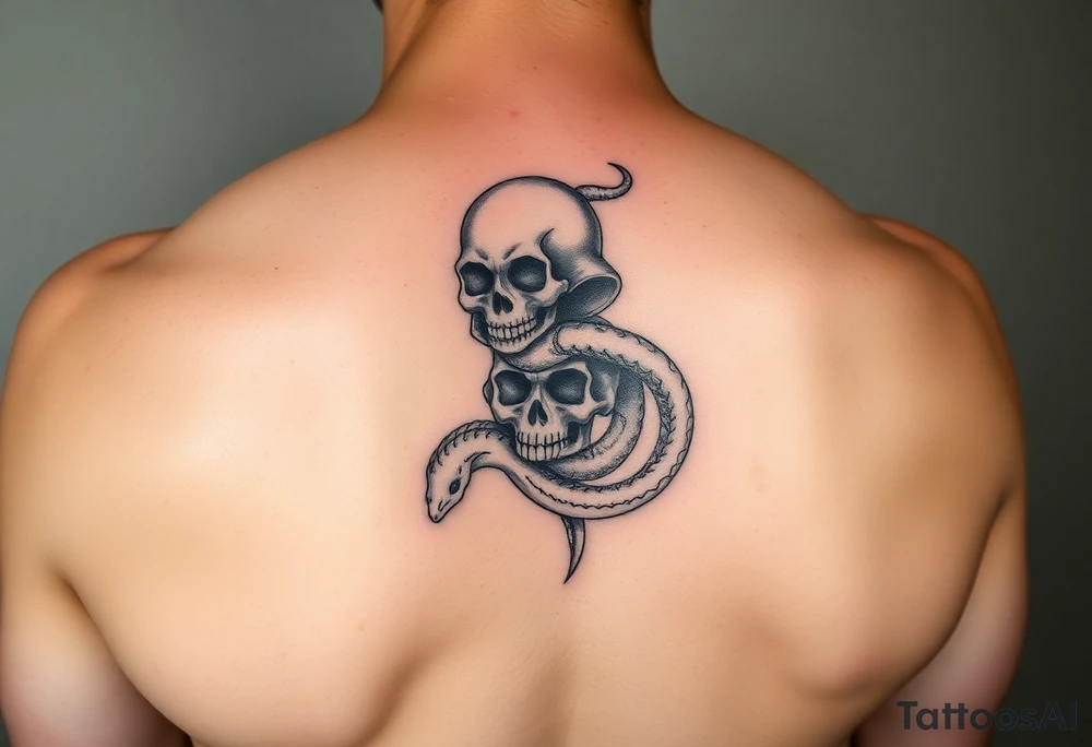 stack of skulls with a serpent wrapping around tattoo idea