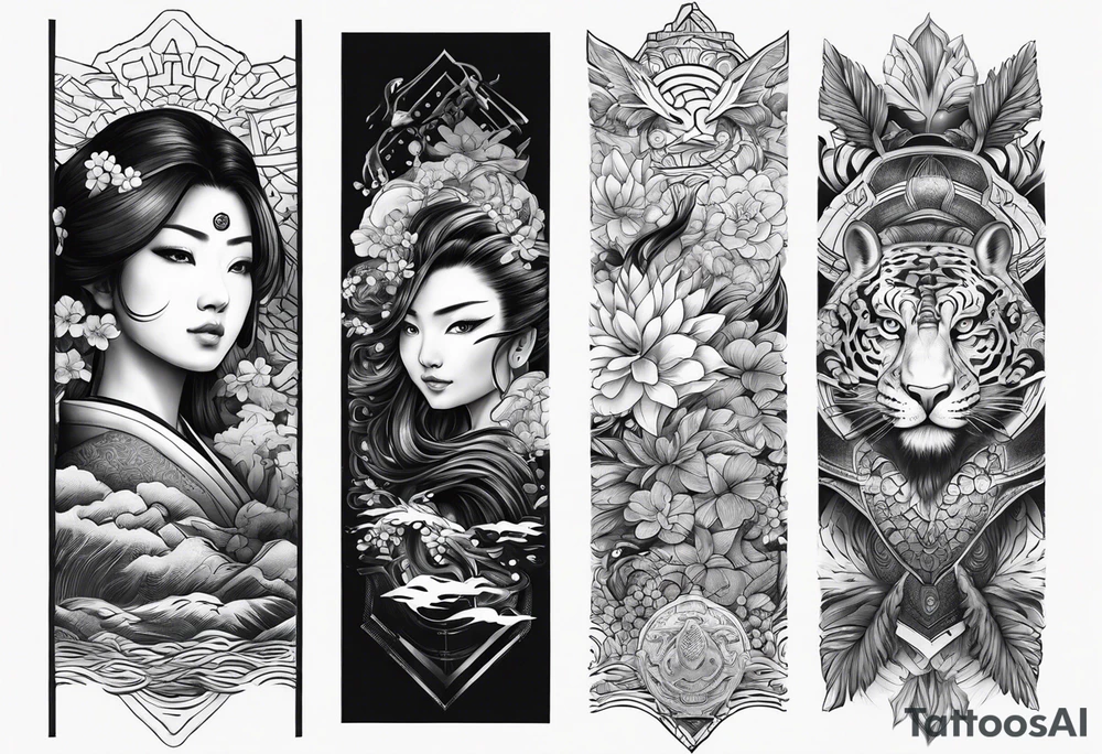 Japanese forearm sleeve stencil tattoo idea