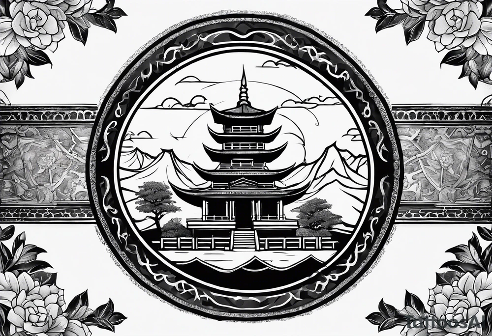 The back of a forearm including a old world map, a small Buddhist temple tattoo idea