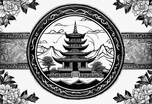 The back of a forearm including a old world map, a small Buddhist temple tattoo idea