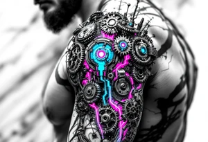 A biomechanical arm tattoo where gears spin under translucent synthetic skin lit with neon pink and cobalt blue veins. tattoo idea