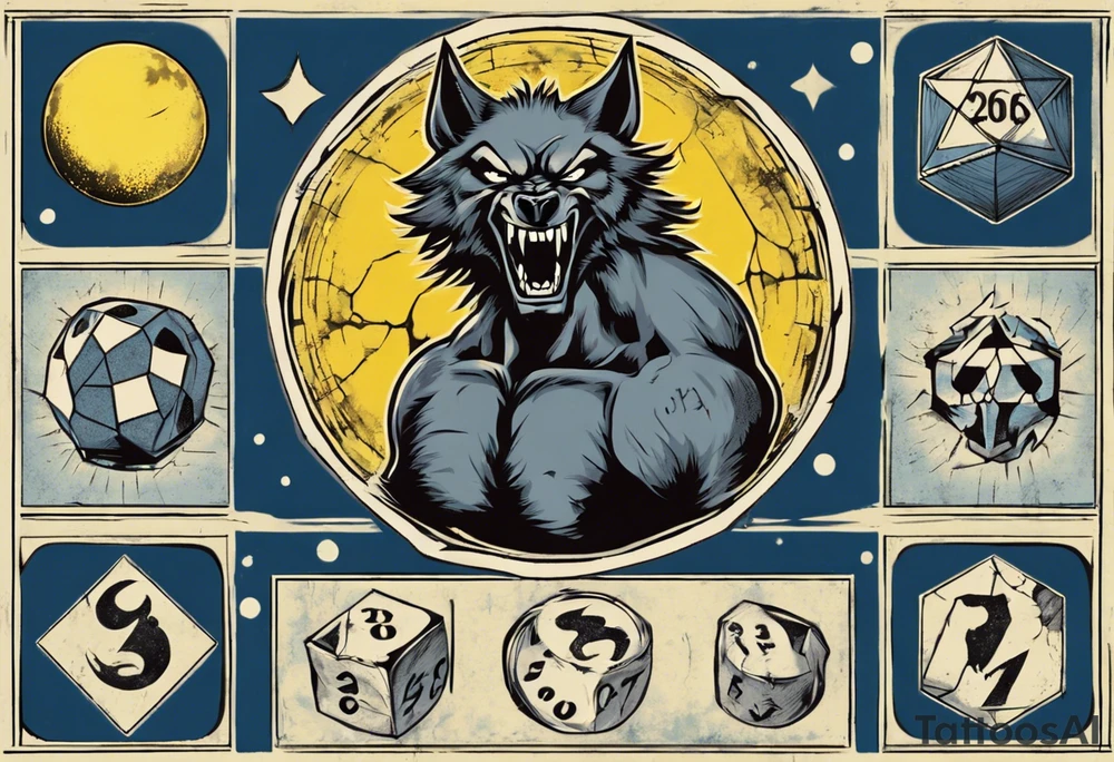 A large 20 sided Dice in the center and the front with numbers on the dice and wolverine claw marks framing the area underneath the dice and a werewolf howling at the moon in the background, and blue and yellow faded background color tattoo idea