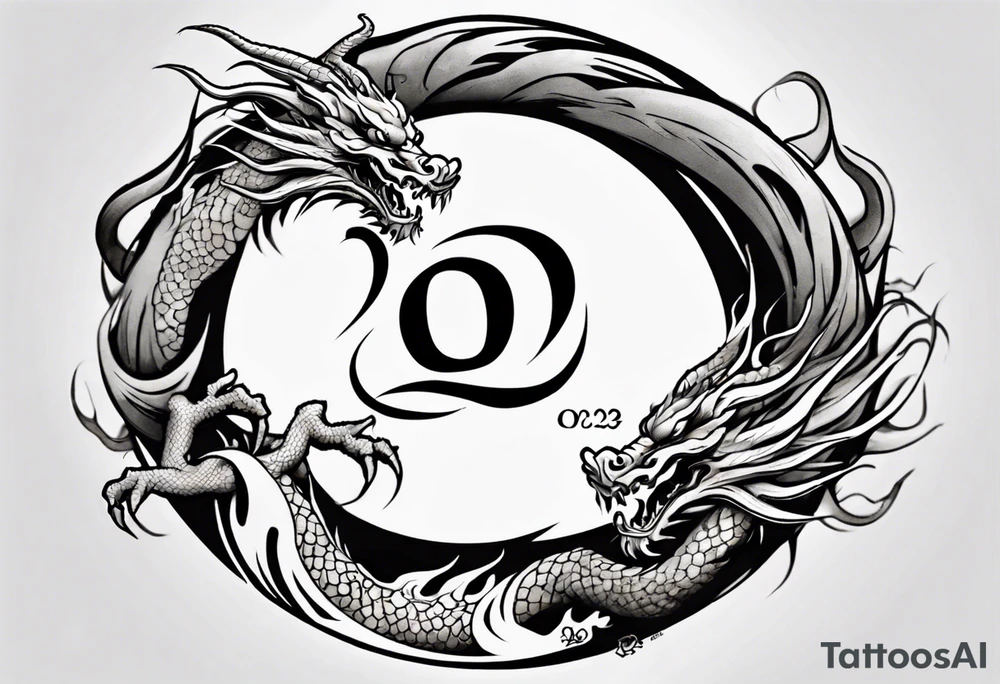 Chinese dragon in a circular shape with "02.03" written on its skin tattoo idea