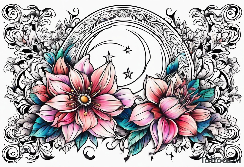 Moon stars flowers tattoo idea