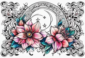 Moon stars flowers tattoo idea
