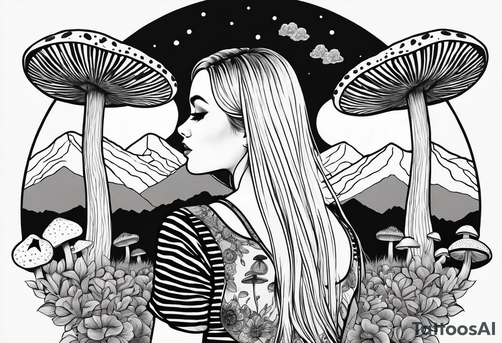 Straight blonde hair girl holding mushrooms in hand facing away toward mountains surrounded by mushrooms mandala circular design black and white striped dress tattoo idea