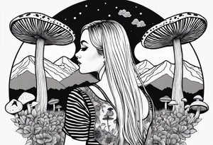 Straight blonde hair girl holding mushrooms in hand facing away toward mountains surrounded by mushrooms mandala circular design black and white striped dress tattoo idea