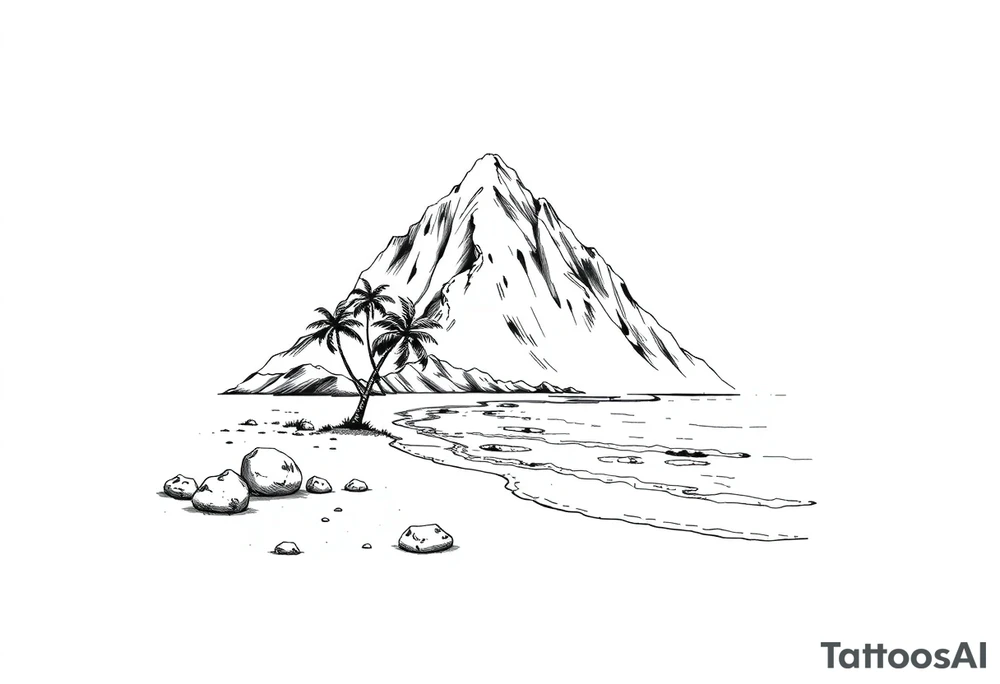 beach with a mountain behind it tattoo idea