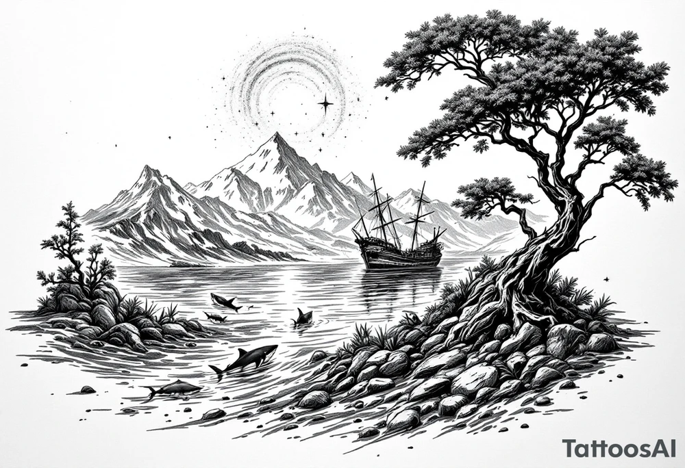 tattoo that has an acacia tree with mountains, ocean with a ship wreck with sharks and the northern star tattoo idea
