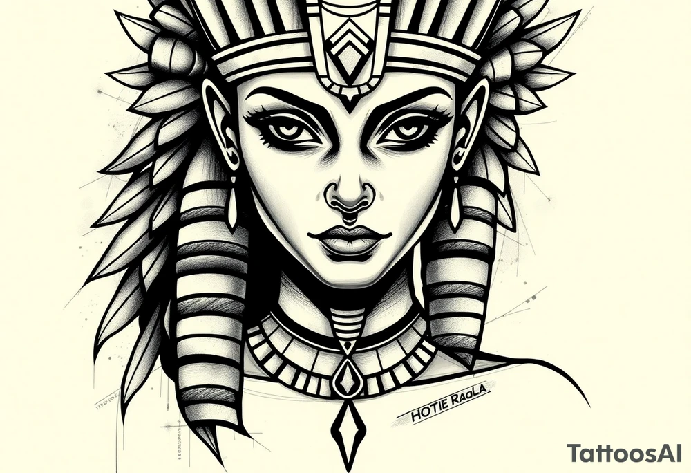 Tatuagem egípcia feminina detalhada, representando o deus egipicio Horus na sua forma de falcão da mitologica egipicio, com adornos e simbolos tradicionais egípicios, a figura está em posição frontal, com detalhes hieroglíficos sutis ao redor, integrados harmonicamente. Fundo minimalista, inspirado em papiro antigo, com tons terrosos suaves. Estilo artístico com traços finos, sombra leve para destacar volume, ideal para a parte frontal da canela, transmitindo elegância e misticismo. tattoo idea