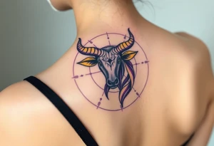 Powerful Taurus tattoo horiscope with purple and yellow tattoo idea