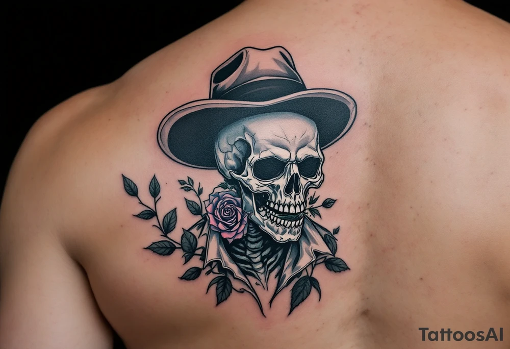 skeleton cowboy with rose in teeth tattoo idea