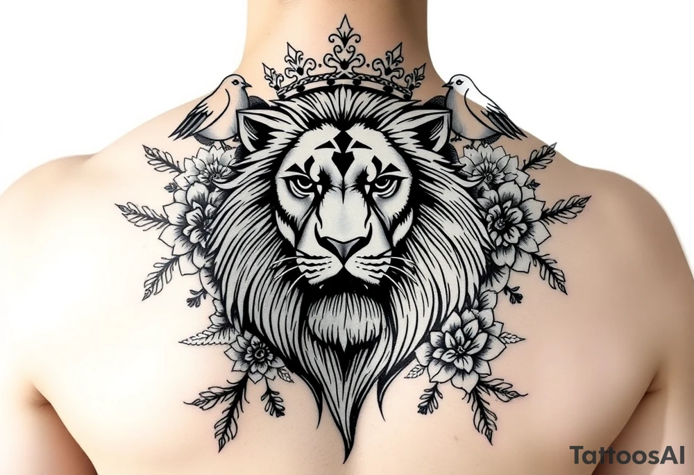 powerful majestic lion with a crown, surrounded by floral ornaments and birds tattoo idea