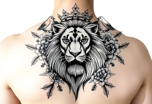 powerful majestic lion with a crown, surrounded by floral ornaments and birds tattoo idea