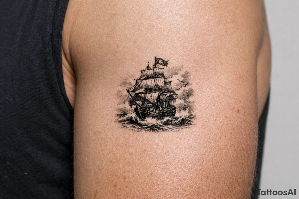 a pirate ship on stormy sea. tattoo idea