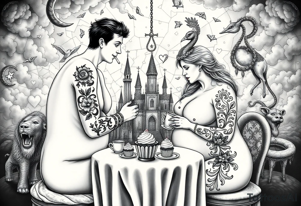 Naked Man and fat woman having sex eating cupcakes and  fruit  having sexy naked fat lady having a tea party with tea pots  with medieval castle  
with mystical  aries a pigs, peacock,  lion, goat, noose and smoking cigerettes looking in the mirror thru storm clouds and broken hearts and darkness and wrath, envy , gluttony, greed, sloth, pride . Gothic tattoo idea