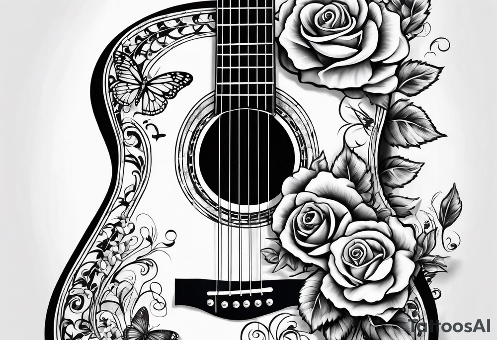 Acoustic guitar with 
roses and butterflies on the right side only tattoo idea