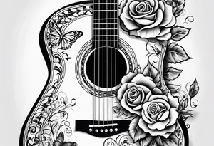 Acoustic guitar with 
roses and butterflies on the right side only tattoo idea