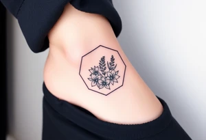 Faint Hexagon with Leo, larkspur and water lilies in the center tattoo idea