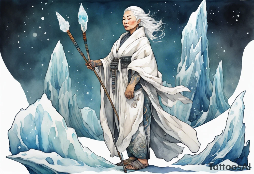 a 40 year old Inuit woman with white hair and a white robe holding a silver and white staff, standing on an iceberg tattoo idea