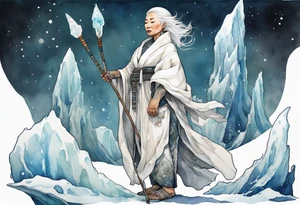 a 40 year old Inuit woman with white hair and a white robe holding a silver and white staff, standing on an iceberg tattoo idea