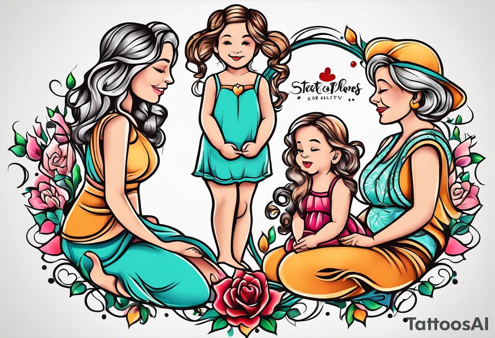 A mothers love and bond with 3 daughters a steo daughter and a grand daughter and a grandma Tattoo designs With footprints and beautiful cursive writing tattoo idea