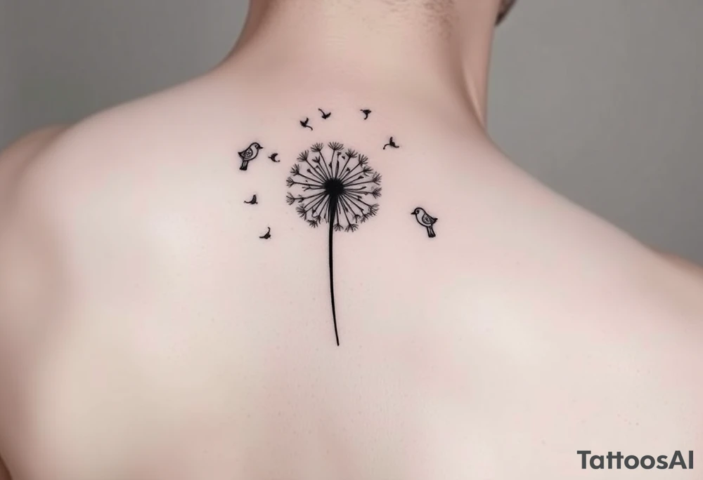 Dandelion tattoo representing motherhood, blowing in the wind giving myself to the next generation. Five birds for my children and two white birds for the children I lost. Whimsical and fine line. More artistic and soft. tattoo idea