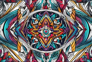 Bold geometric tapestry trident in colour on arm tattoo idea