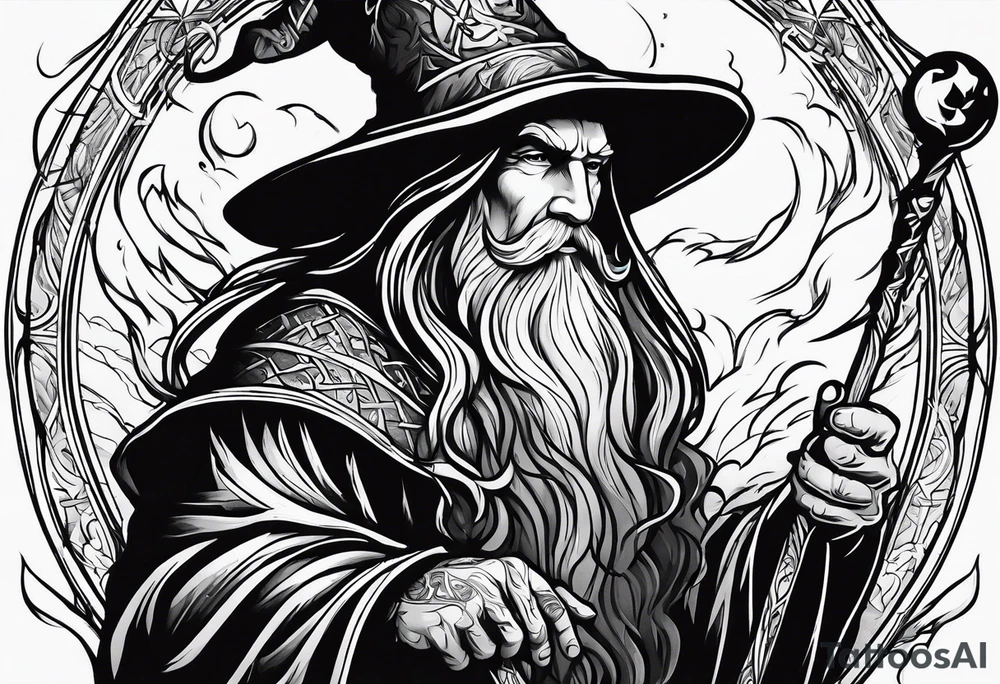 Wizard wrapped in flames and carrying a staff with a shining gem tattoo idea