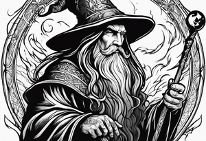 Wizard wrapped in flames and carrying a staff with a shining gem tattoo idea